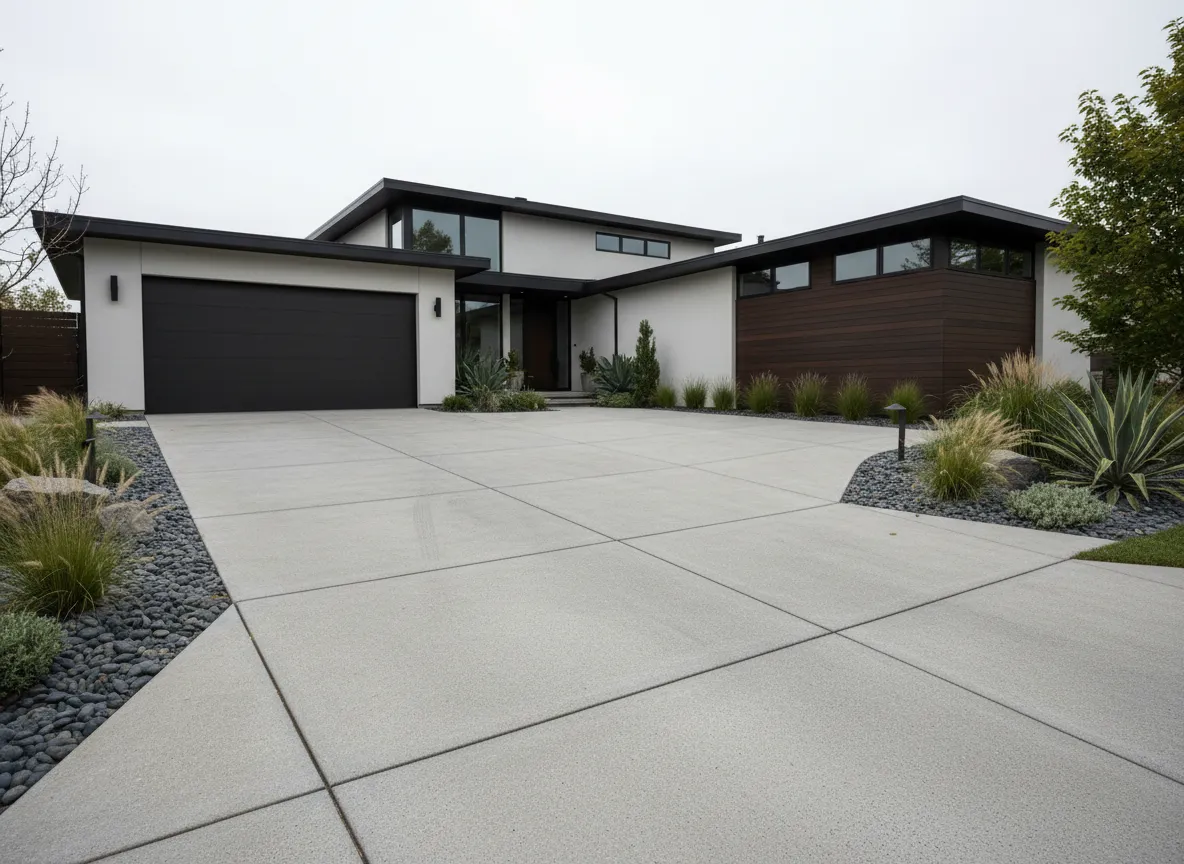 Modern broom-finished concrete driveway project